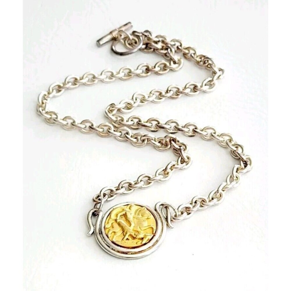 Vintage Vittorio Roman Greek Coin Charm Necklace chain Gold/Silver Tone 1980